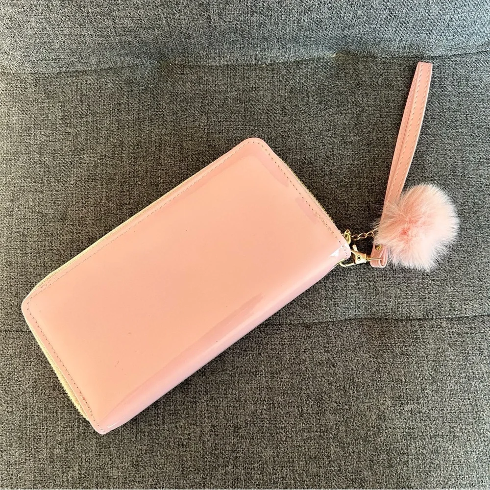 Pink Patent Butterfly Double Zip Around Wallet / Wristlet with Pom Pom Charm